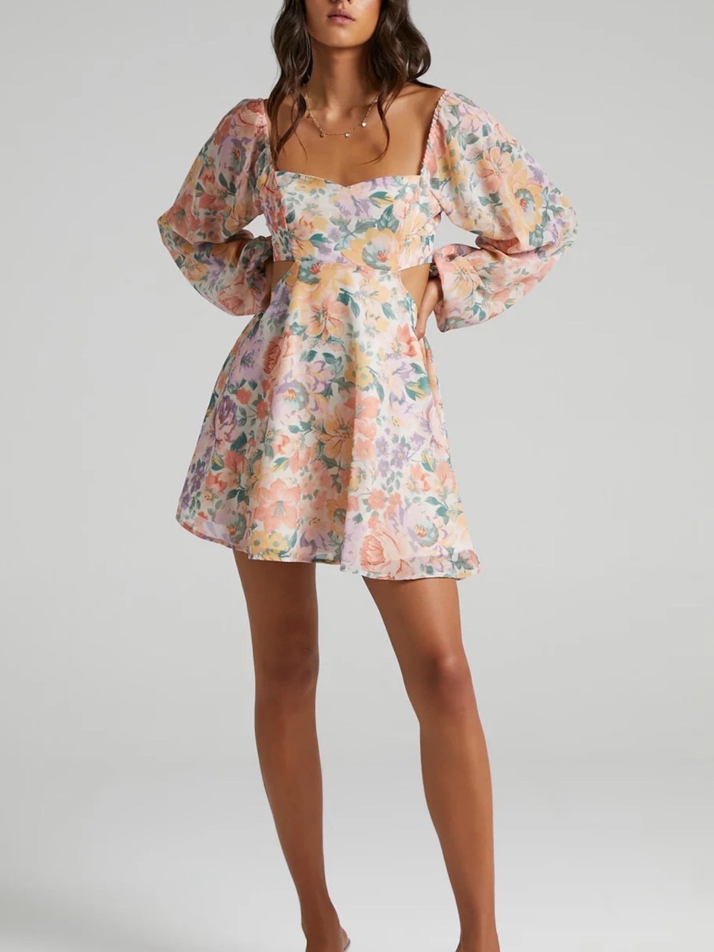 Showpo Peach Floral Square-Neck Puff-Sleeve Mini Dress